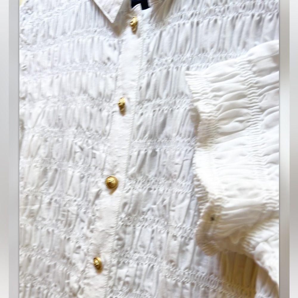 J. Crew Top Smocked button-up shirt in cotton-blend voile / white / Sz. L - Picture 7 of 12